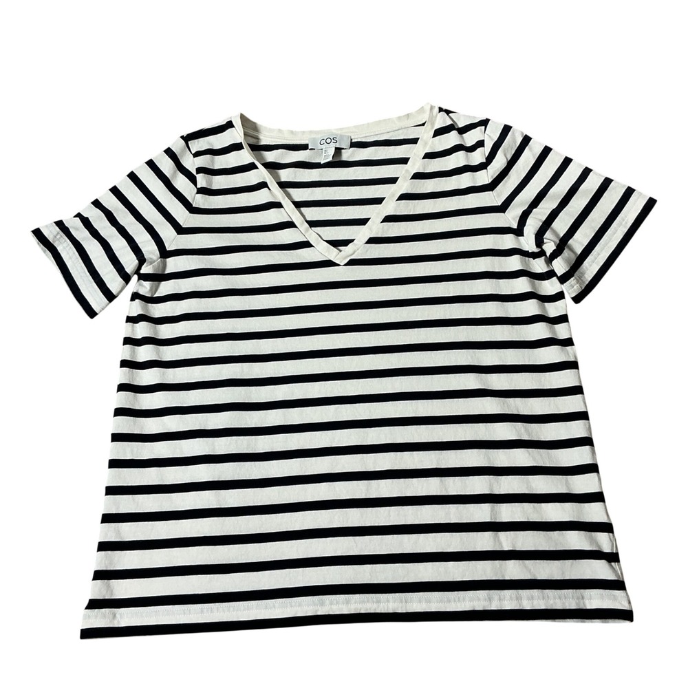 COS Striped V-Neck T-Shirt Women Small White Black Nautical Minimalist Cotton